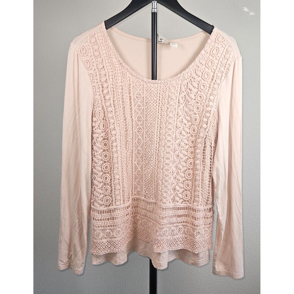 Chicos Size 1 Blush Pink Lace Crochet Top Womens‎ Long Sleeve Boho Casual Shirt